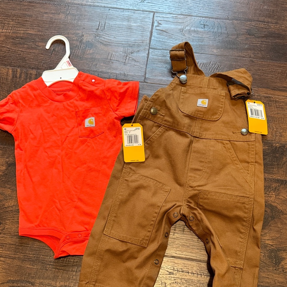 Carhartt Infant Orange Bodysuit and Brown Overalls